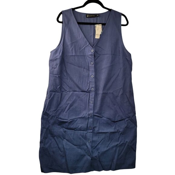 New York & Company Linen Blend Button Front Shift Dress Rich Navy Blue Large New - Picture 1 of 8